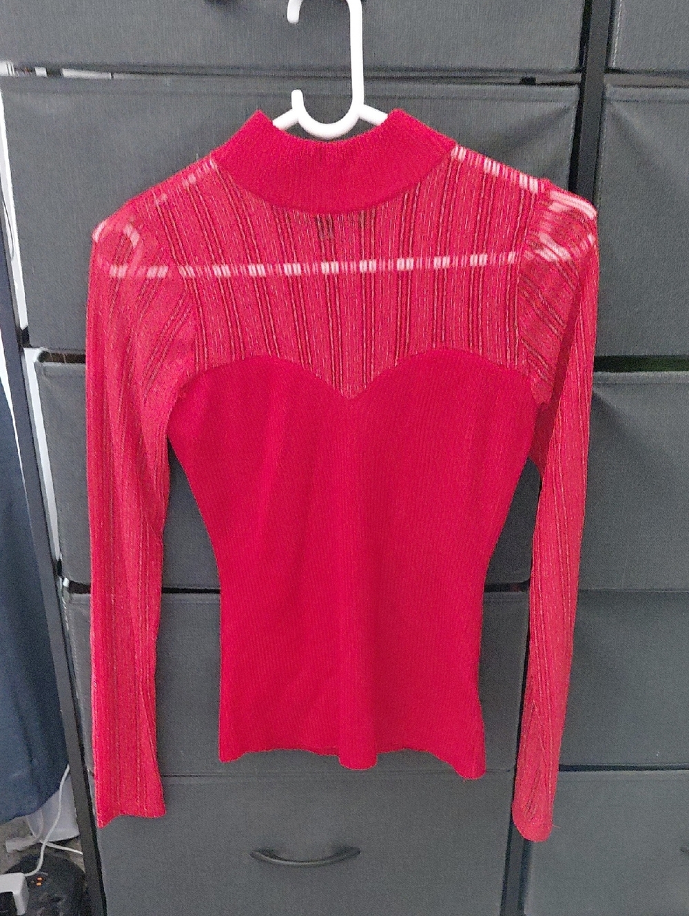 Almost Famous Red Ribbed Knit Long-Sleeve Top with Sheer Yoke